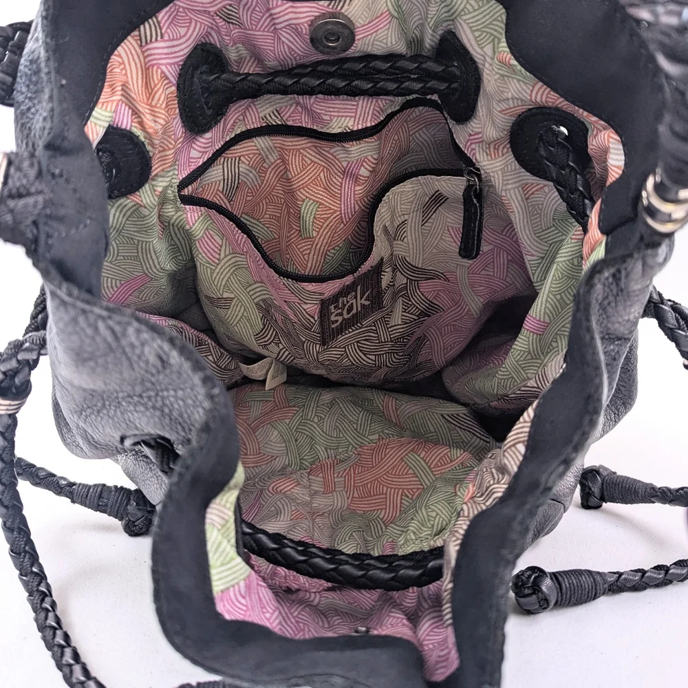 The Sak Bucket Bag Leather Hobo Drawstring Cinch Braided Strap Slouchy Boho Y2K